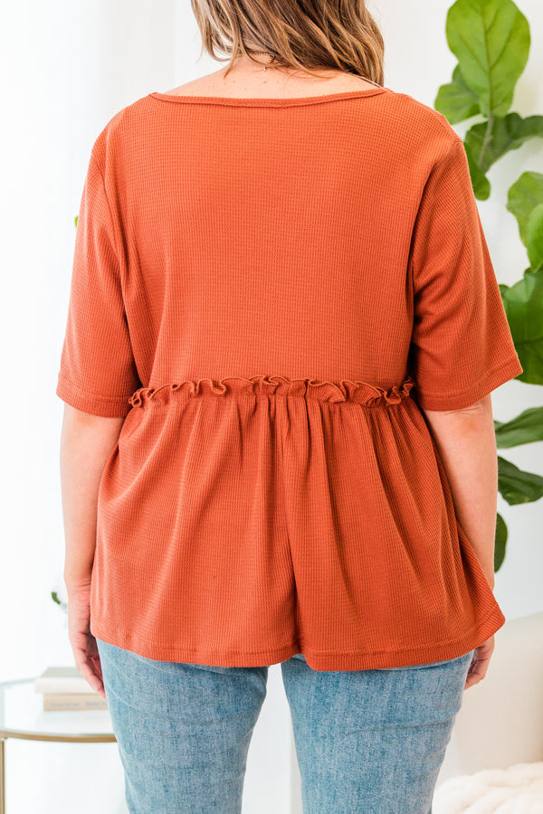 Chic Soul plus size clothing, short-sleeve copper orange baby doll top with ruffled detailing and v-neckline