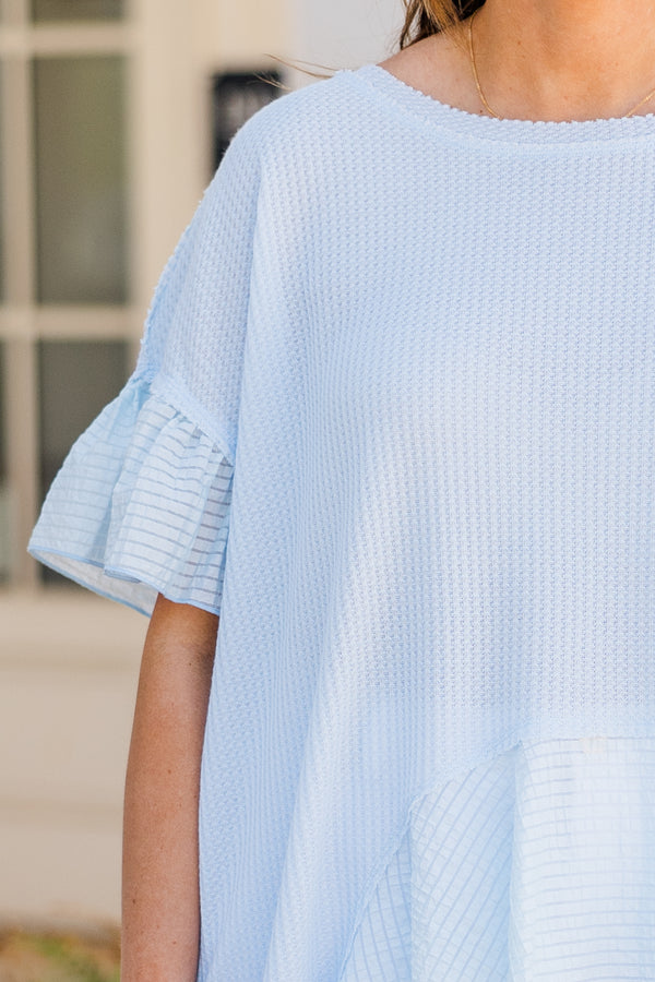 Chic Soul plus size clothing, sky blue short sleeve top with ruffle sleeves and ruffle along bottom