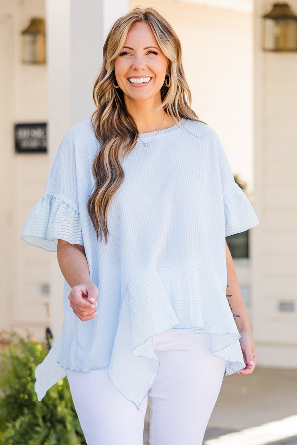 Chic Soul plus size clothing, sky blue short sleeve top with ruffle sleeves and ruffle along bottom