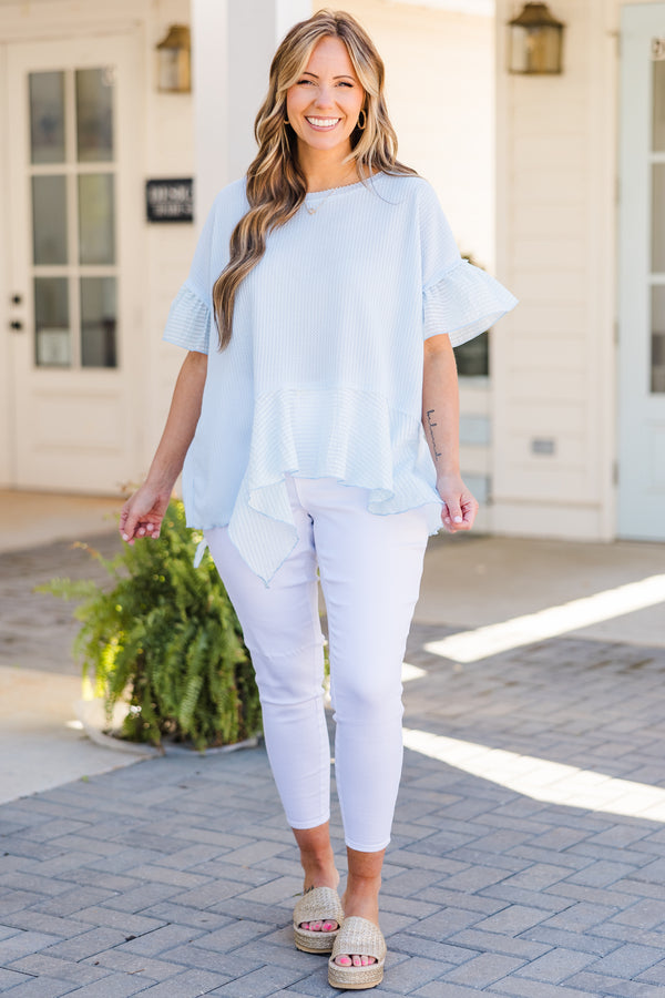 Chic Soul plus size clothing, sky blue short sleeve top with ruffle sleeves and ruffle along bottom
