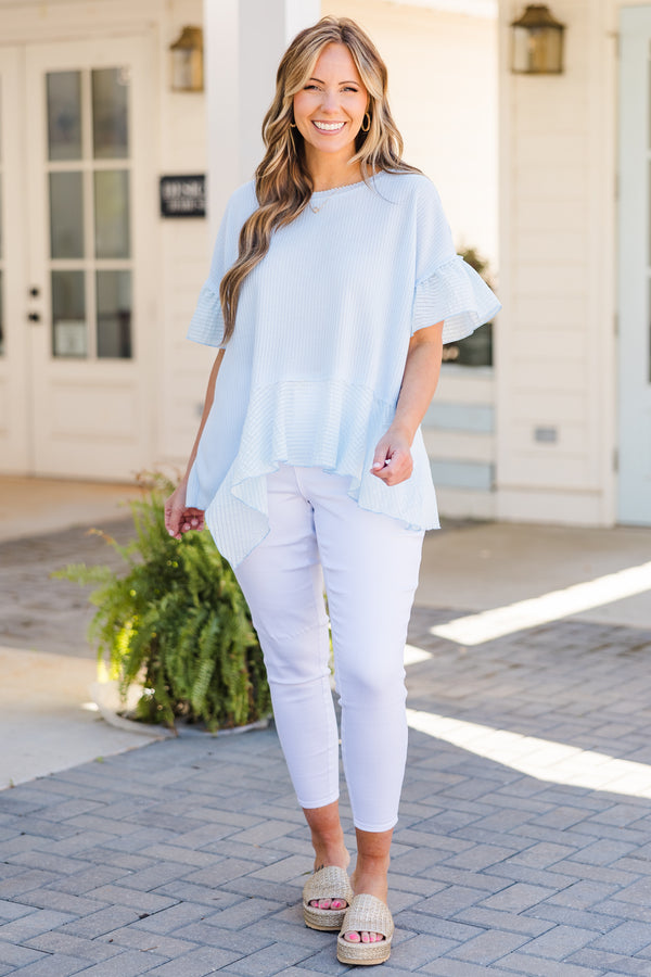 Chic Soul plus size clothing, sky blue short sleeve top with ruffle sleeves and ruffle along bottom