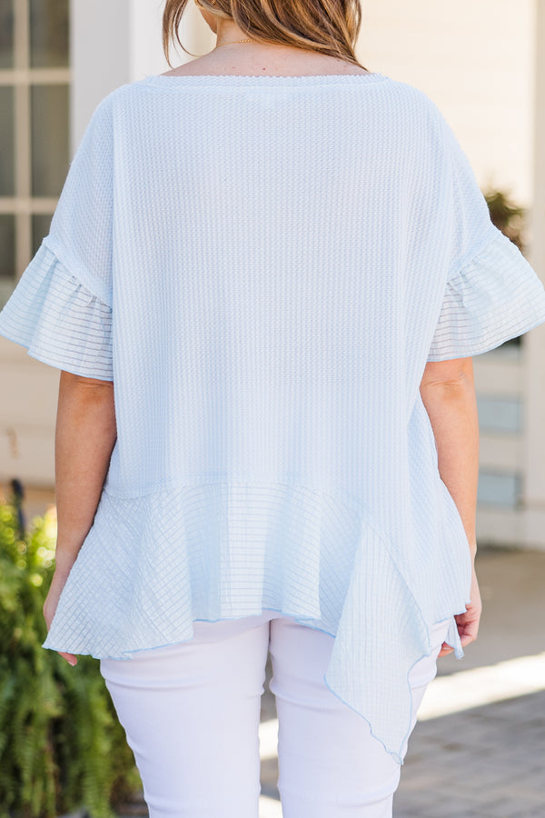Chic Soul plus size clothing, sky blue short sleeve top with ruffle sleeves and ruffle along bottom