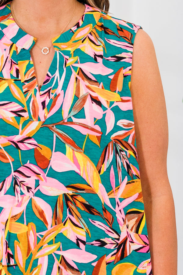 Chic Soul plus size clothing, sleeveless emerald mini dress with multi tropical print with v cutout on neckline