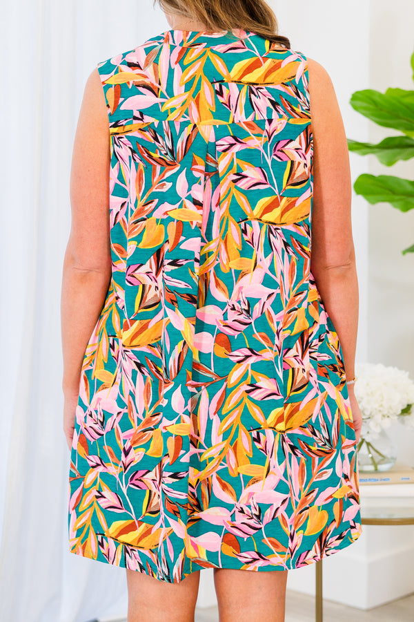 Chic Soul plus size clothing, sleeveless emerald mini dress with multi tropical print with v cutout on neckline