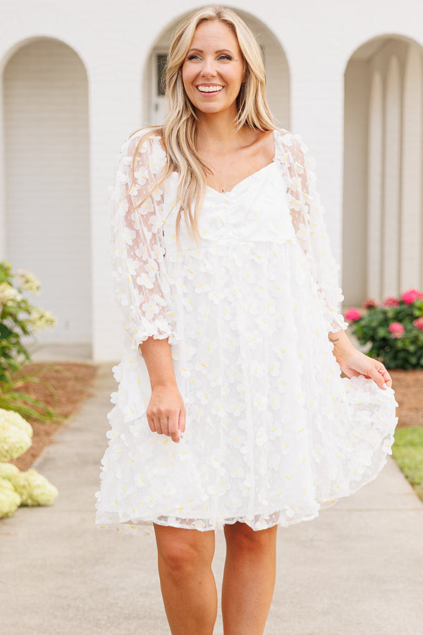 Chic Soul plus size clothing, white flowy dress with butterfly embellishment pattern and bubble sleeves