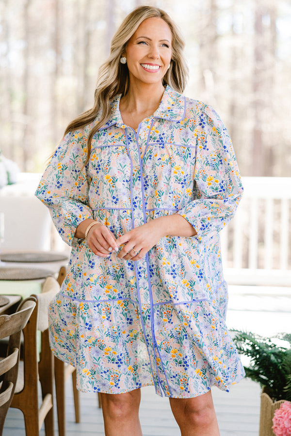Chic Soul plus size clothing, long-puffed-sleeve purple collared buttoned dress with ruffled detailing and a purple multi-colored floral pattern with a purple lining 