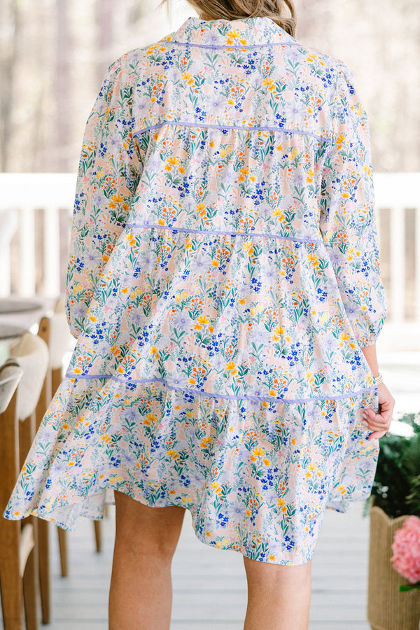 Chic Soul plus size clothing, long-puffed-sleeve purple collared buttoned dress with ruffled detailing and a purple multi-colored floral pattern with a purple lining 