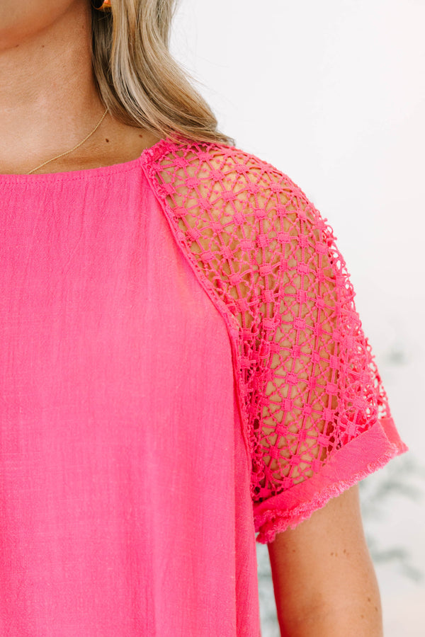 Chic Soul plus size clothing, hot pink short sleeve top with lace sleeves with frayed detail along the bottom