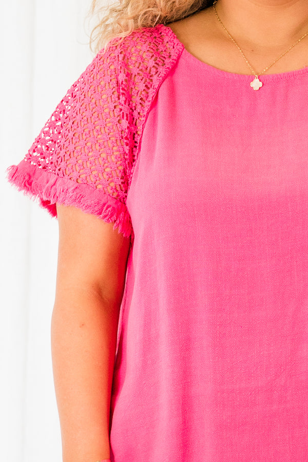 Chic Soul plus size clothing, hot pink short sleeve top with lace sleeves with frayed detail along the bottom