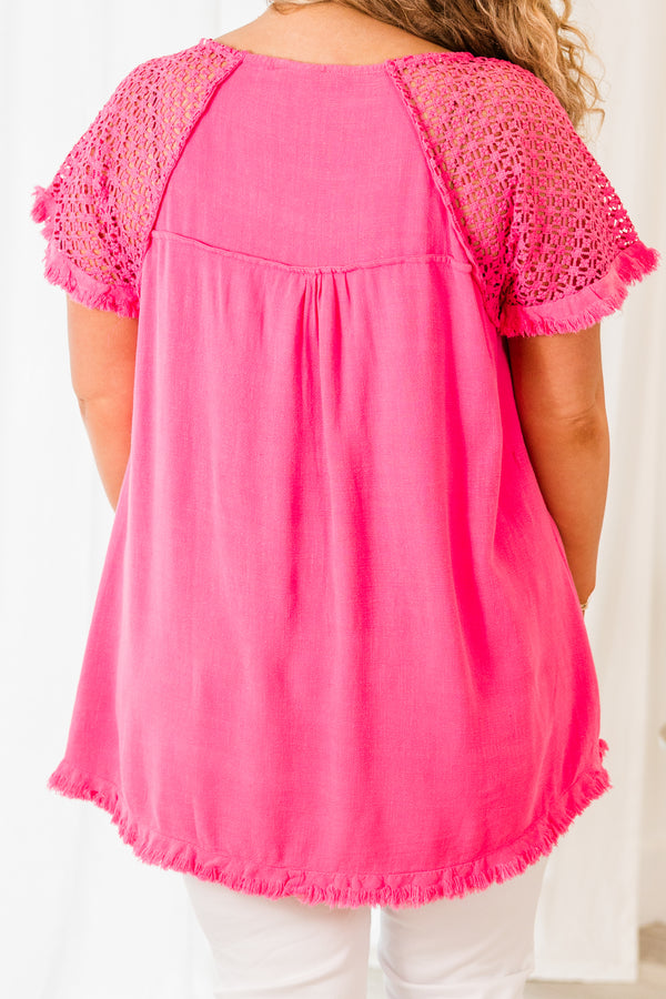Chic Soul plus size clothing, hot pink short sleeve top with lace sleeves with frayed detail along the bottom