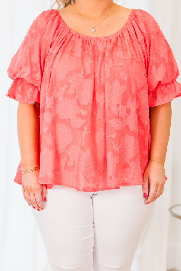 Chic Soul plus size clothing, short sleeve coral pink top with subtle coral pink pattern and puffed sleeves