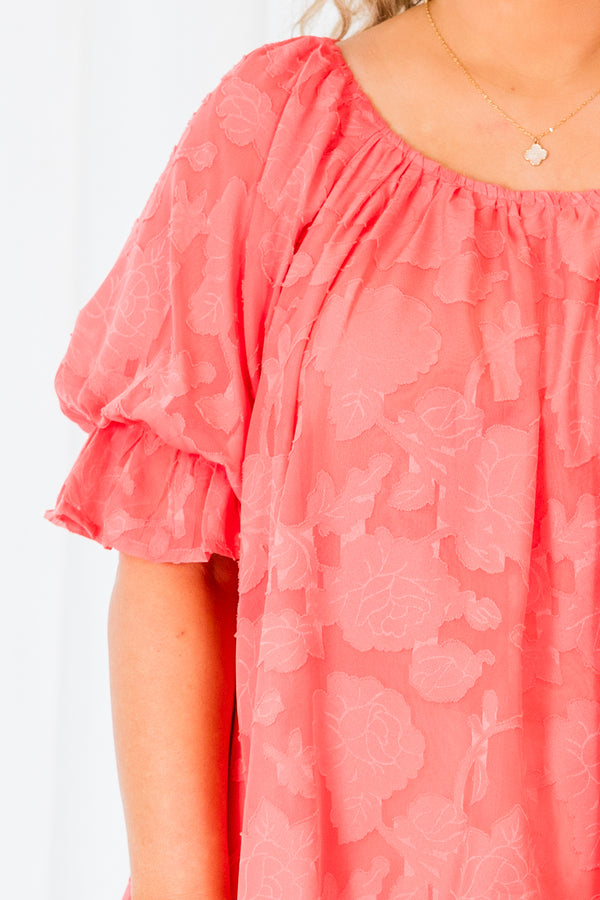 Chic Soul plus size clothing, short sleeve coral pink top with subtle coral pink pattern and puffed sleeves