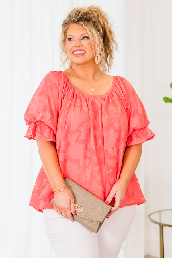 Chic Soul plus size clothing, short sleeve coral pink top with subtle coral pink pattern and puffed sleeves