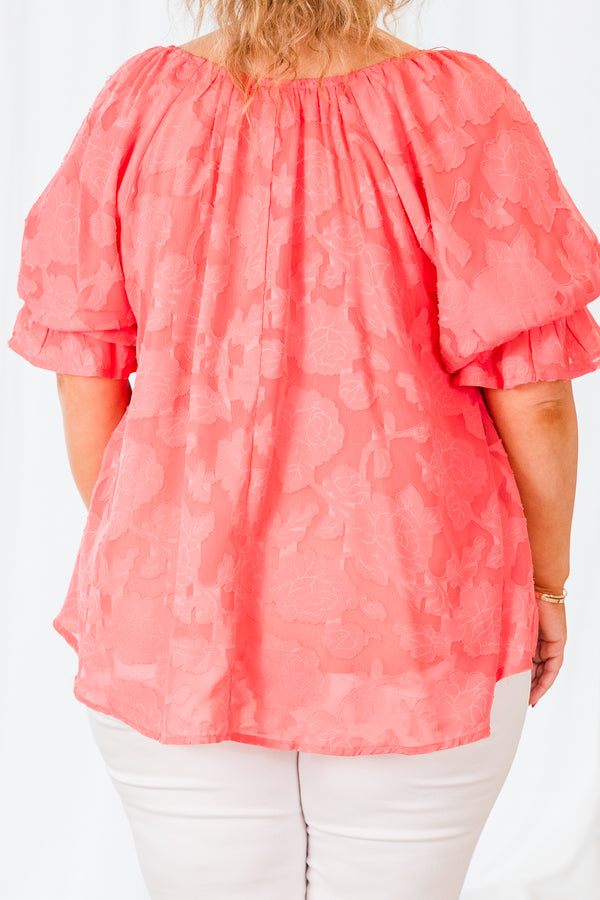 Chic Soul plus size clothing, short sleeve coral pink top with subtle coral pink pattern and puffed sleeves