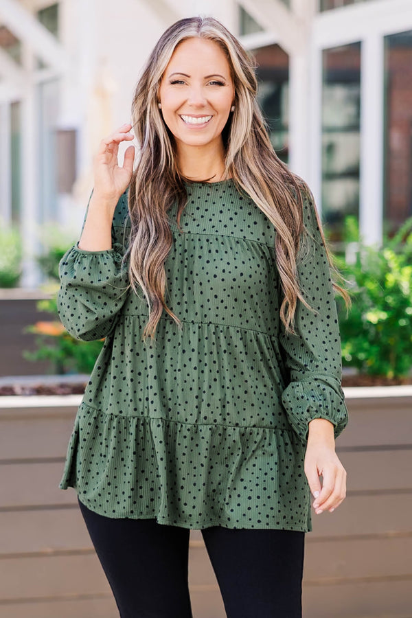 Chic Soul plus size clothing, olive green top with black polka dots and cuffed bubble sleeves