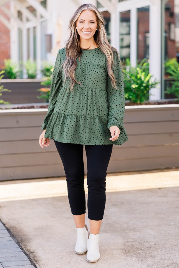 Chic Soul plus size clothing, olive green top with black polka dots and cuffed bubble sleeves