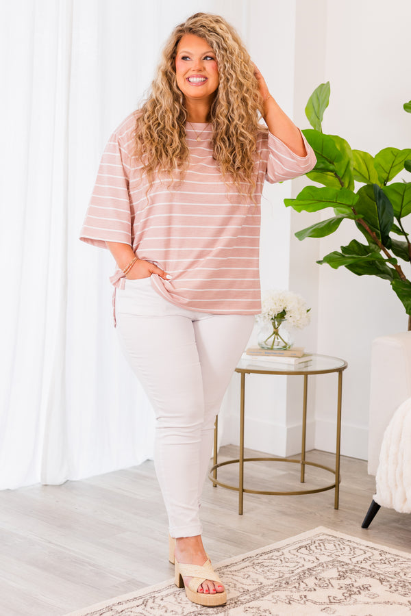Chic Soul plus size clothing, short sleeve dark mauve top with white stripes