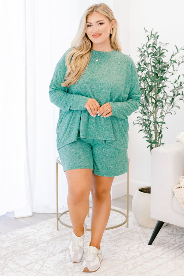 Chic Soul plus size clothing, dark green speckled long sleeve top and short set