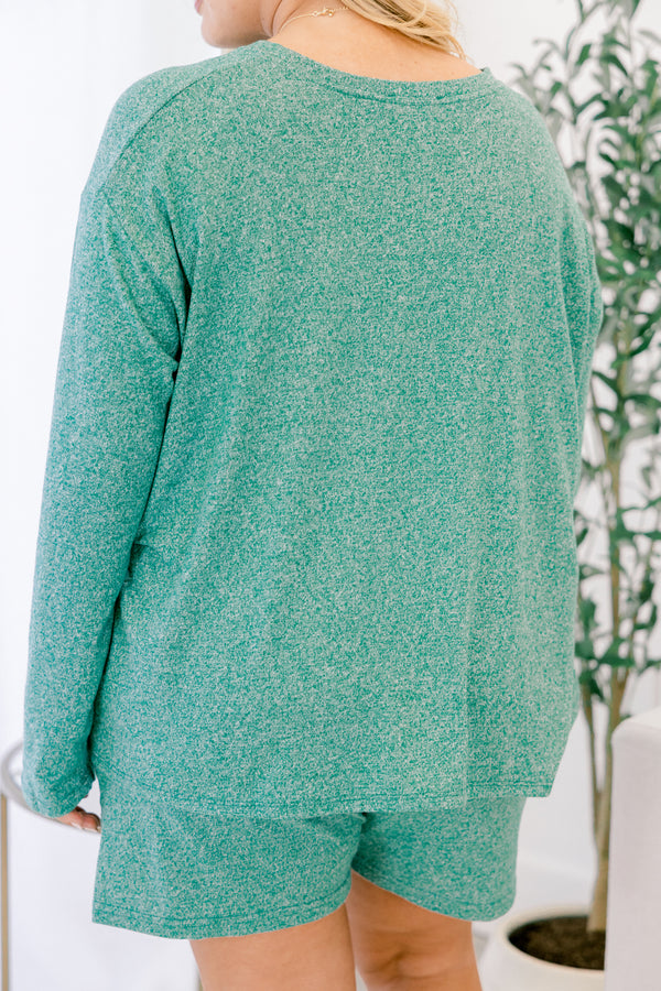 Chic Soul plus size clothing, dark green speckled long sleeve top and short set