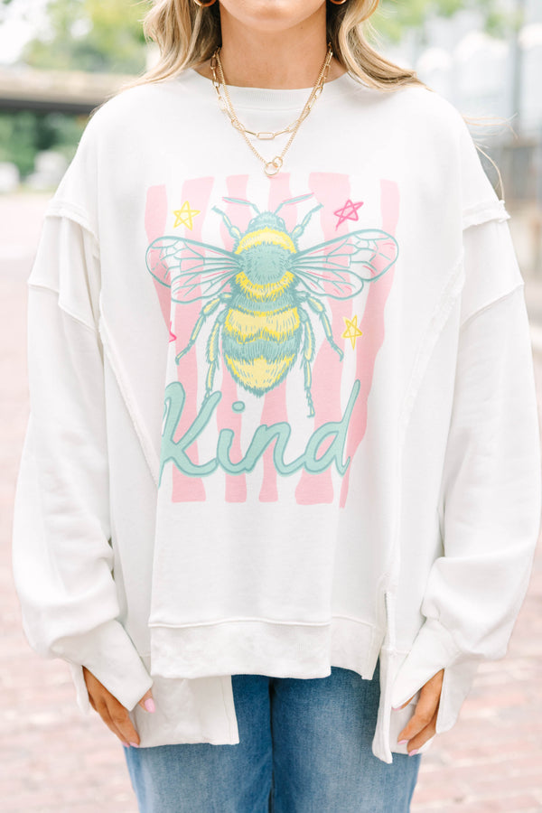 Plus Size ivory crew neck sweatshirt with a colorful bee graphic and 