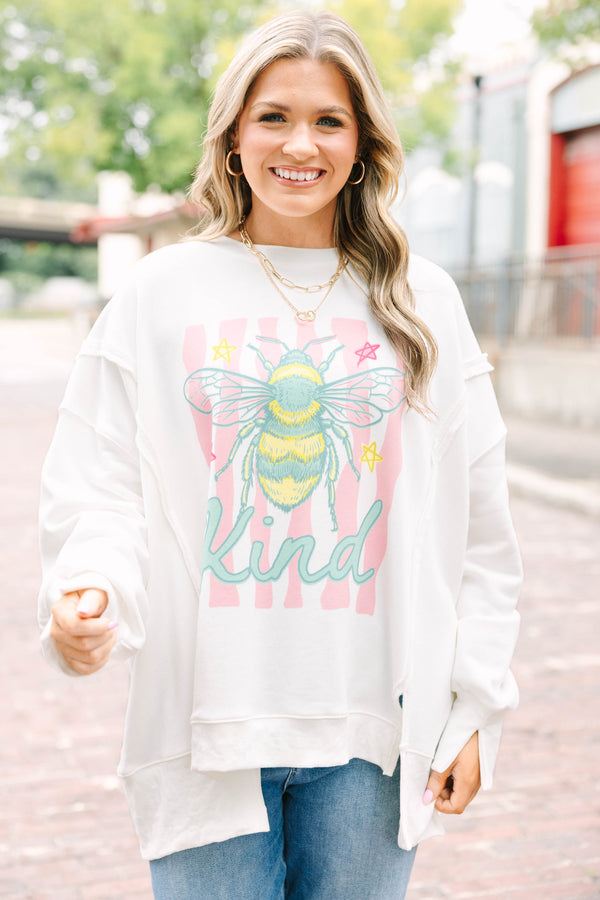 Plus Size ivory crew neck sweatshirt with a colorful bee graphic and 