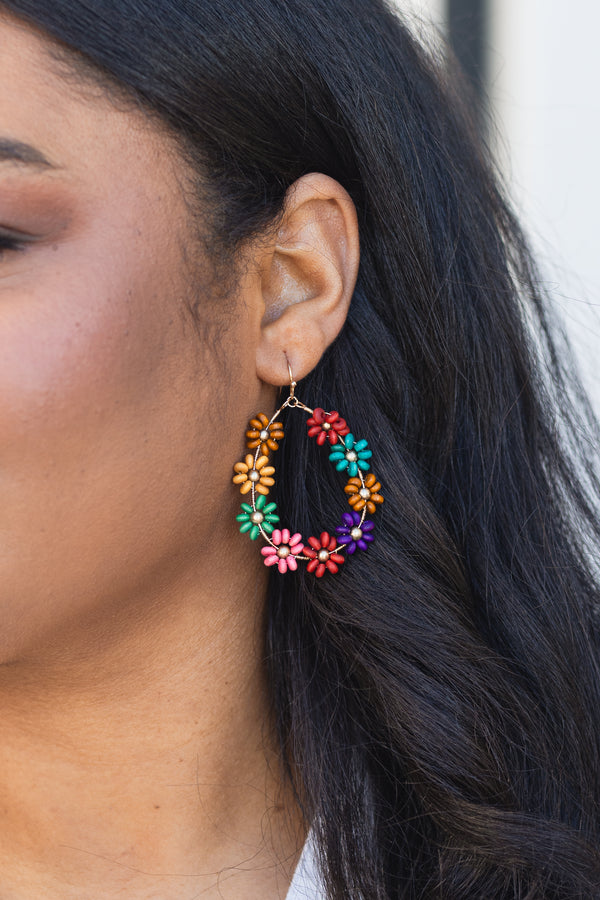 Chic Soul plus size clothing, multi colored floral tear drop hoop earrings