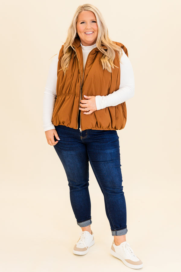 Chic Soul plus size clothing, brown zip up puffer vest with pockets