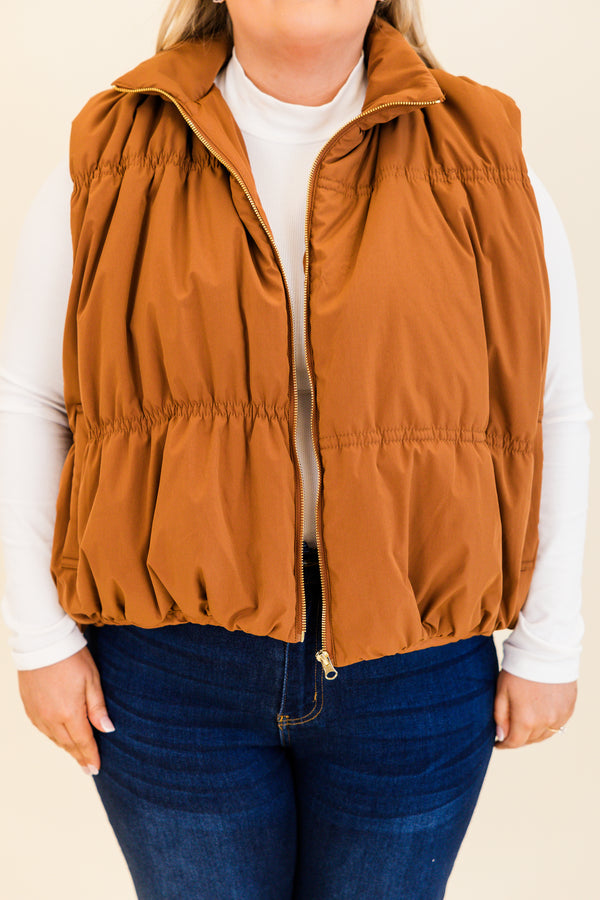 Chic Soul plus size clothing, brown zip up puffer vest with pockets