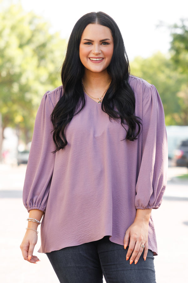 Chic Soul plus size clothing, plum colored blouse with v neck and slight puff sleeve