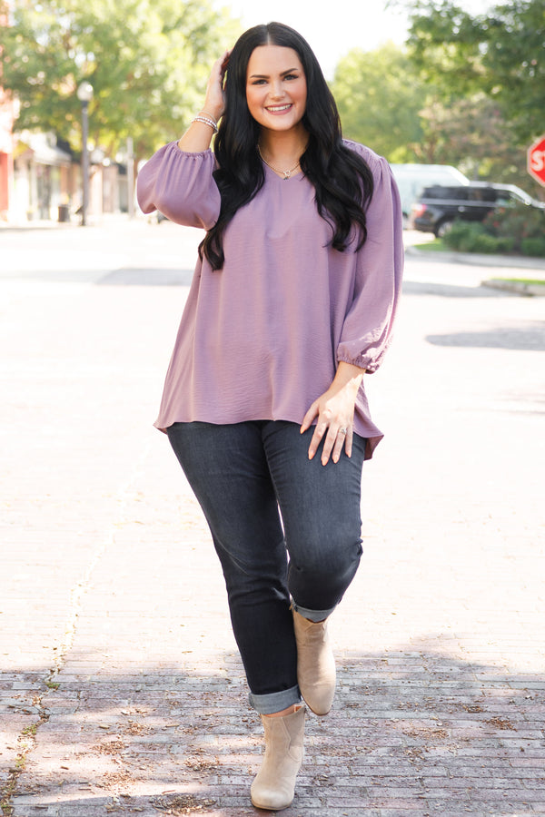 Chic Soul plus size clothing, plum colored blouse with v neck and slight puff sleeve