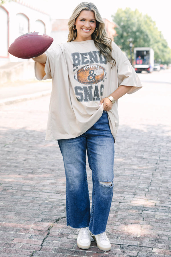 Plus size clothing, light mocha oversized boyfriend tee with football graphic