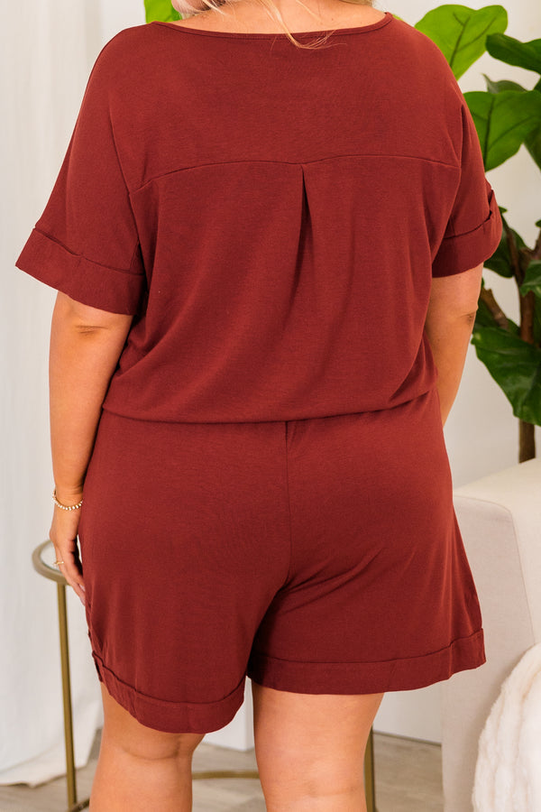 Chic Soul plus size clothing, short sleeve fired brick romper with waist tie and brown button detailing 