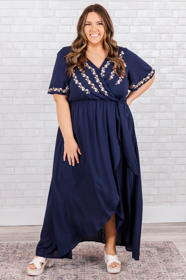 Chic Soul plus size clothing, navy blue dress with wrap tie waist and white floral embroidery