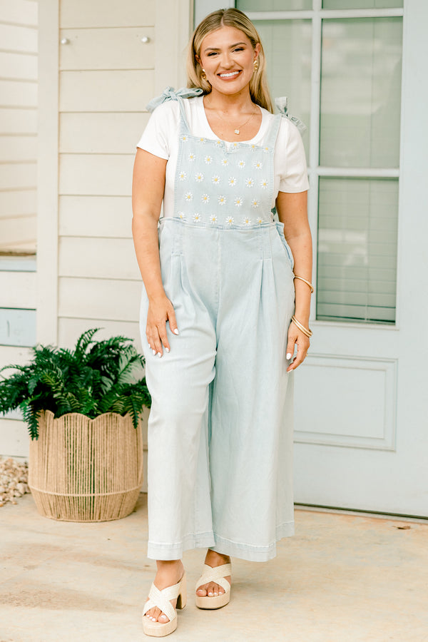 Chic Soul plus size clothing, overall light wash denim wide leg cropped jumpsuit with embroidered floral pattern on the bodice