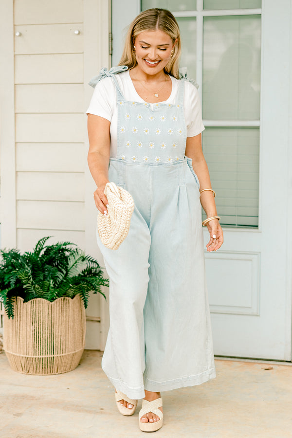 Chic Soul plus size clothing, overall light wash denim wide leg cropped jumpsuit with embroidered floral pattern on the bodice