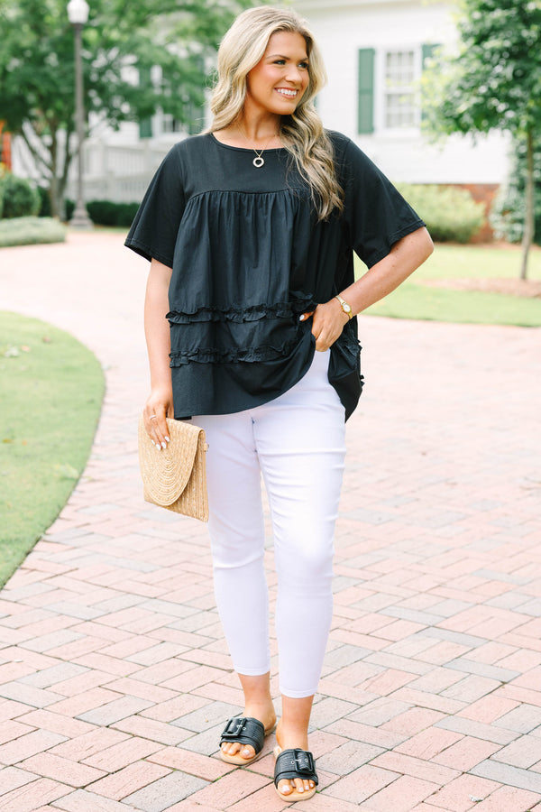 Chic Soul plus size clothing, black short sleeve flowy top with round neckline with cinch along chest with ruffle stripe detail along bottom