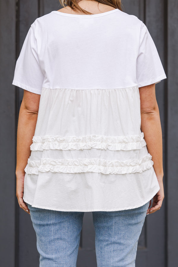 Chic Soul plus size clothing, short sleeve ruffled salt colored top with ruffled lines on the bottom