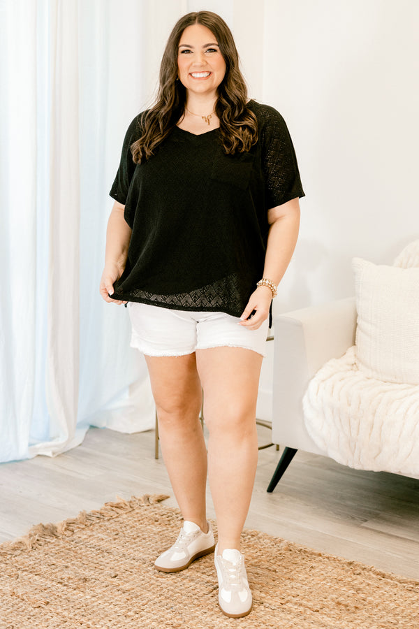 Chic Soul plus size clothing, short-sleeve black top with a v-neckline and a pocket on the bodice 