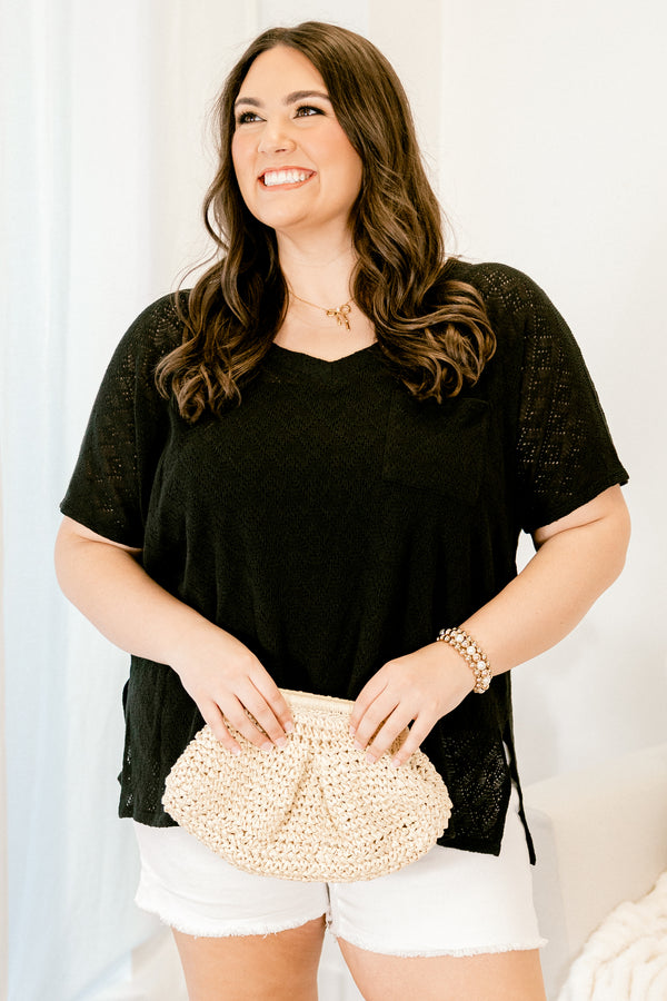 Chic Soul plus size clothing, short-sleeve black top with a v-neckline and a pocket on the bodice 