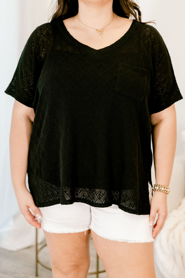 Chic Soul plus size clothing, short-sleeve black top with a v-neckline and a pocket on the bodice 