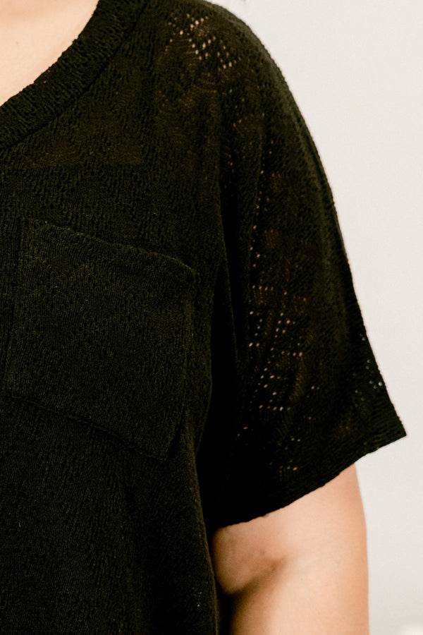 Chic Soul plus size clothing, short-sleeve black top with a v-neckline and a pocket on the bodice 