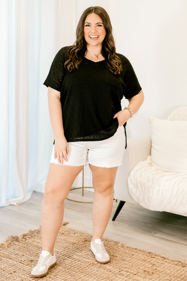 Chic Soul plus size clothing, short-sleeve black top with a v-neckline and a pocket on the bodice 