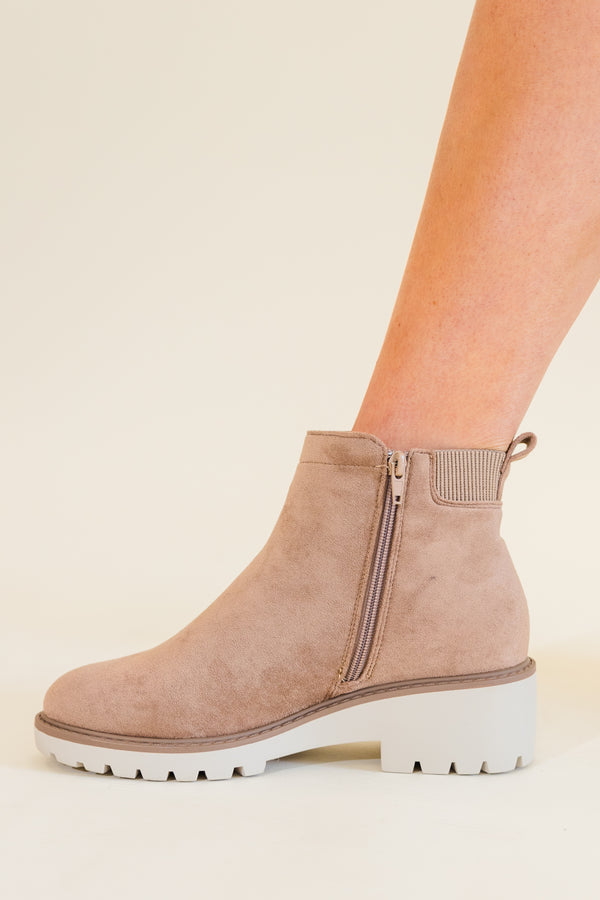 Chic Soul plus size clothing, taupe brown chelsea boots with ivory heel and brown stitching detailing