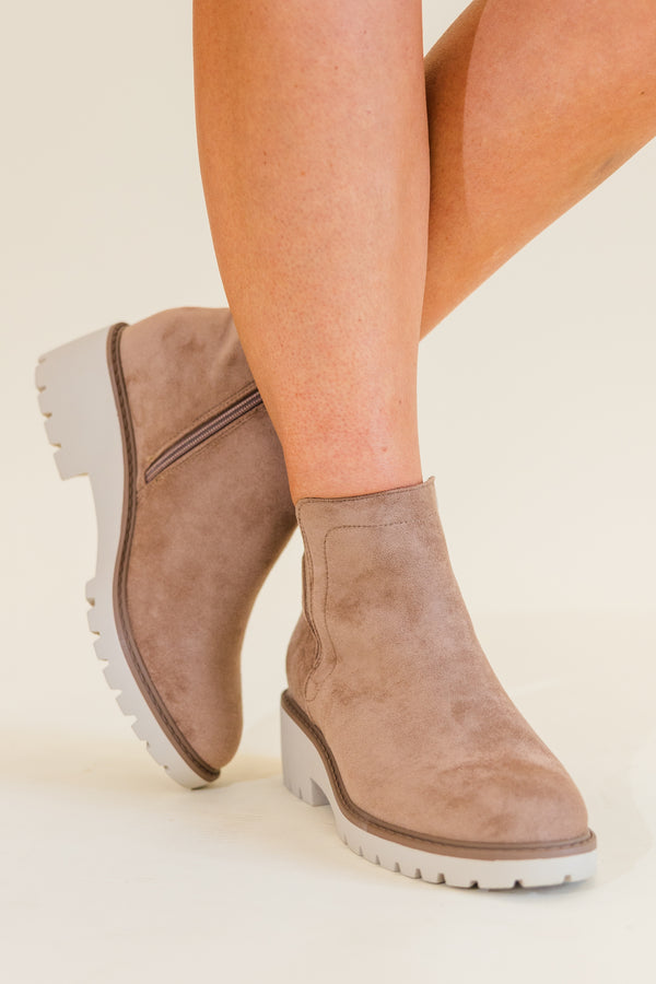 Chic Soul plus size clothing, taupe brown chelsea boots with ivory heel and brown stitching detailing