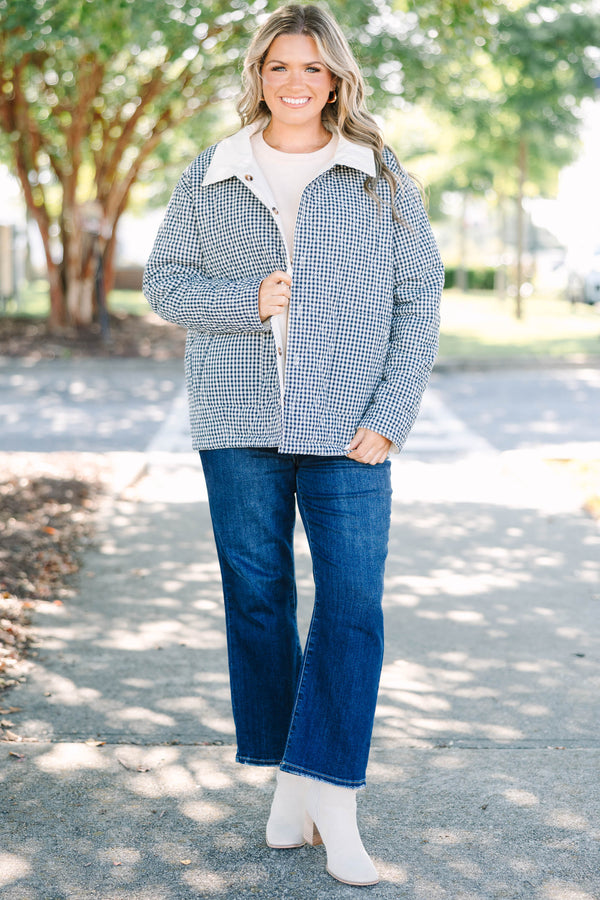 Plus size navy gingham reversible quilted coat with a taupe lining and button front.