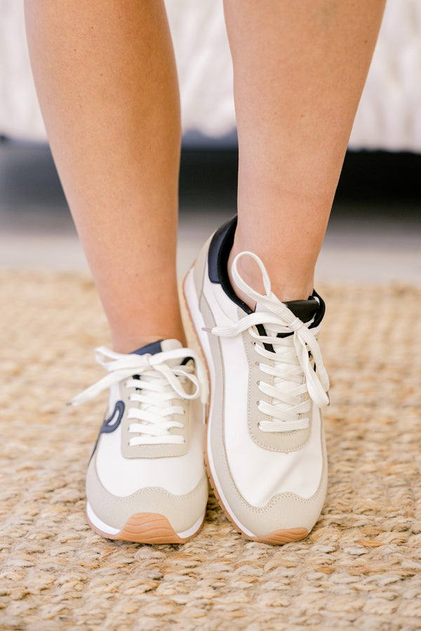 Chic Soul plus size clothing, white and tan leather lace up sneakers with black design on one side