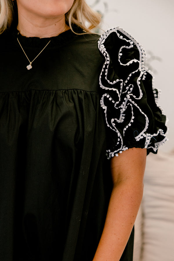 Chic Soul plus size clothing, black and white frill short sleeve short black dress 