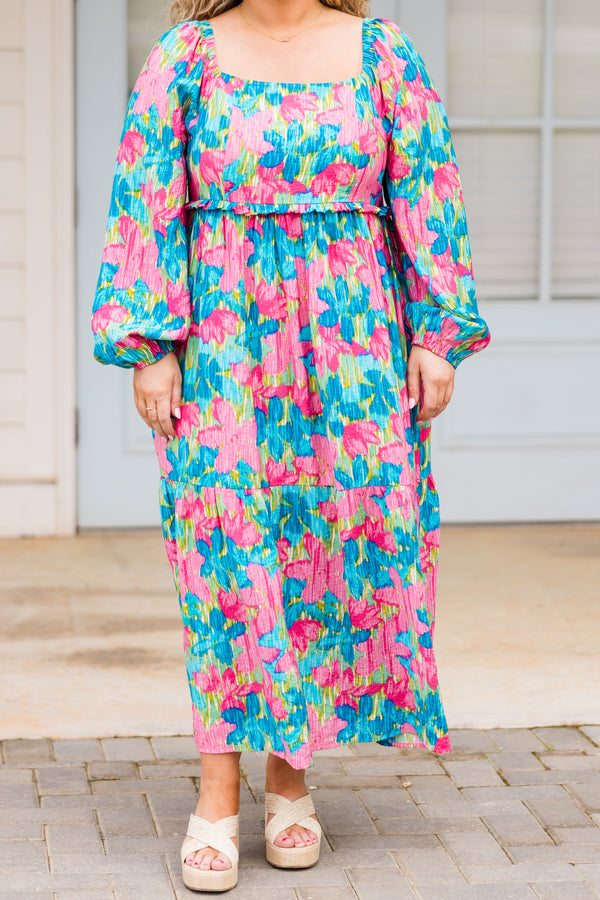 Chic Soul plus size clothing, long sleeve blue floral maxi dress with square neckline and cuff sleeves