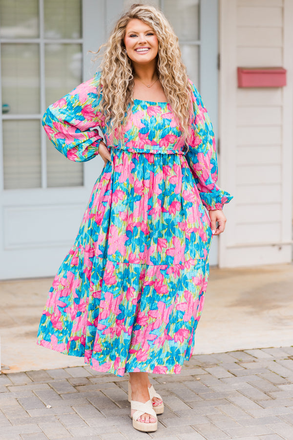 Chic Soul plus size clothing, long sleeve blue floral maxi dress with square neckline and cuff sleeves