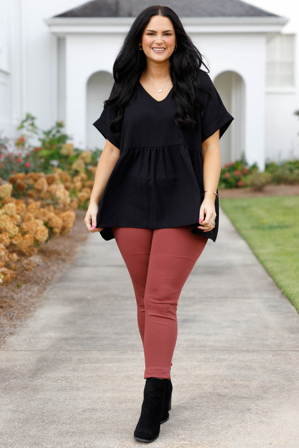 Chic Soul plus size clothing, marsala orangy red colored stretchy full length work pants with elastic waistband